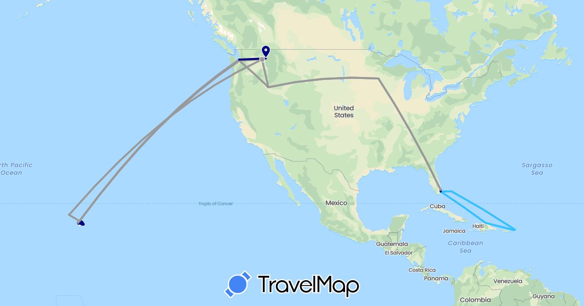 TravelMap itinerary: driving, plane, boat in Bahamas, Dominican Republic, United States, British Virgin Islands (North America)